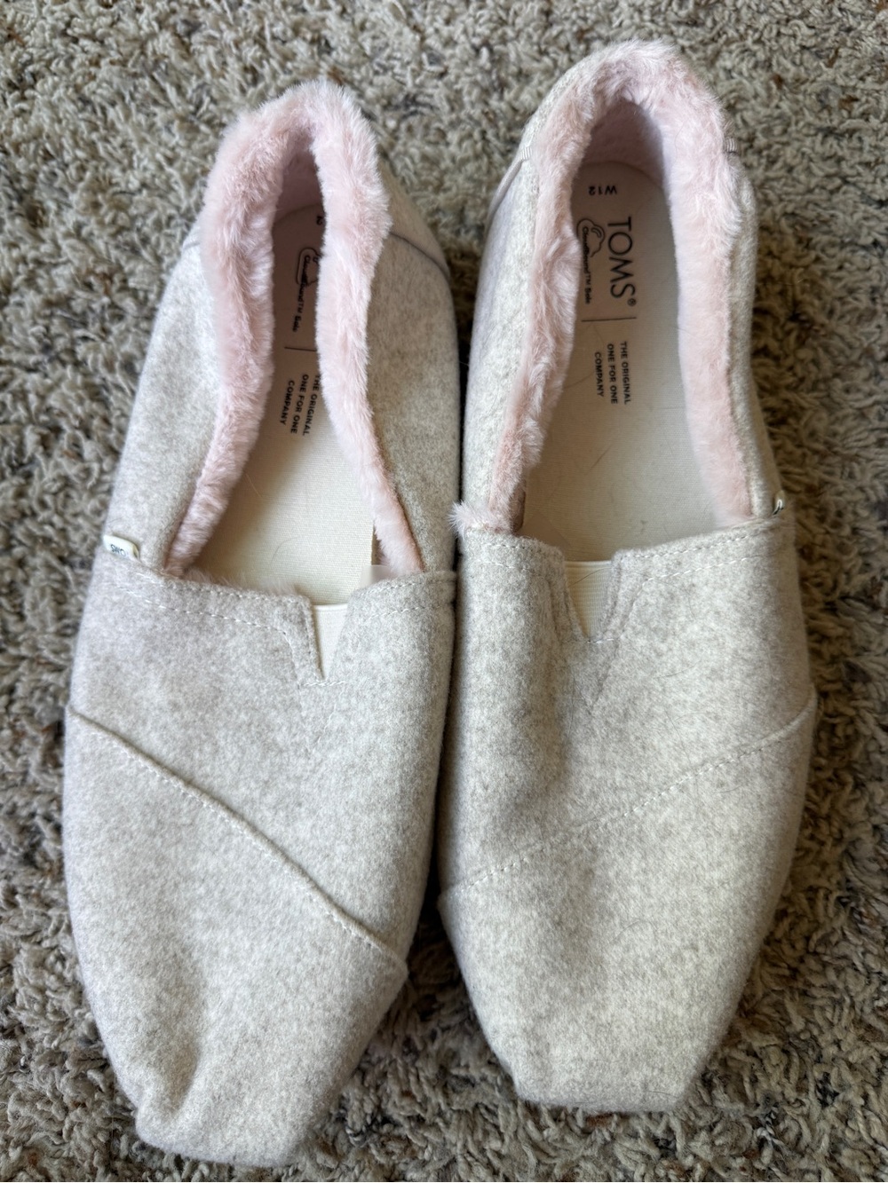 TOMS Cream Slip-On Flats with Pink Faux-Fur Trim